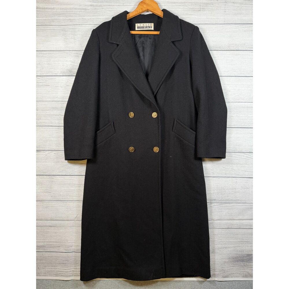 Vintage Leslie Fay Women’s 8 Black Wool 44" Long Coat Gold Buttons Bin C